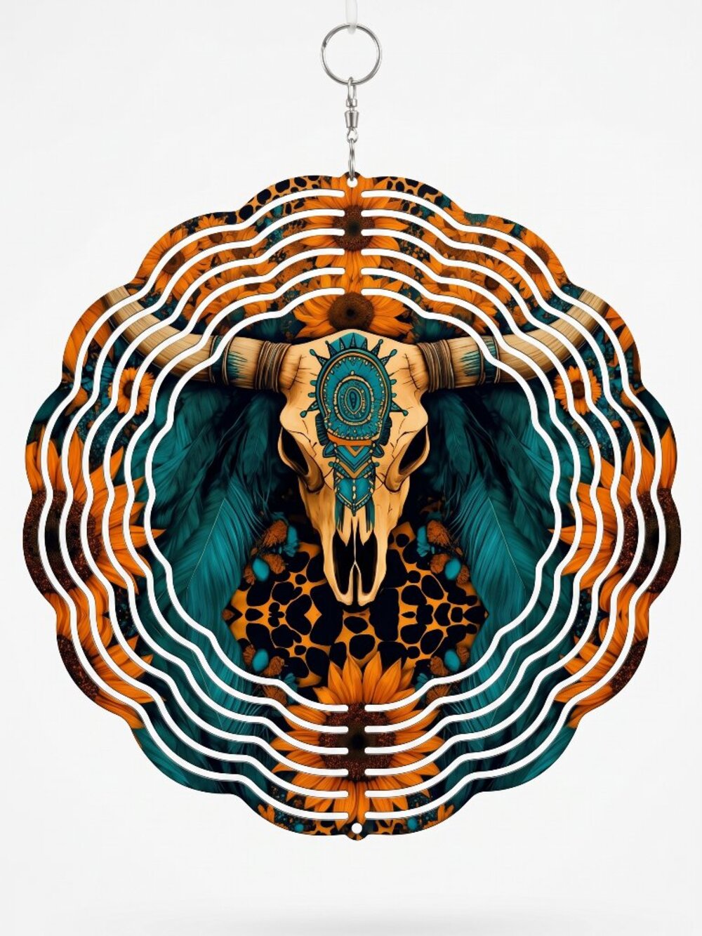 10" Boho Bull Skull Sunflower Kinetic Wind Spinner - Metal Hanging Yard Decor